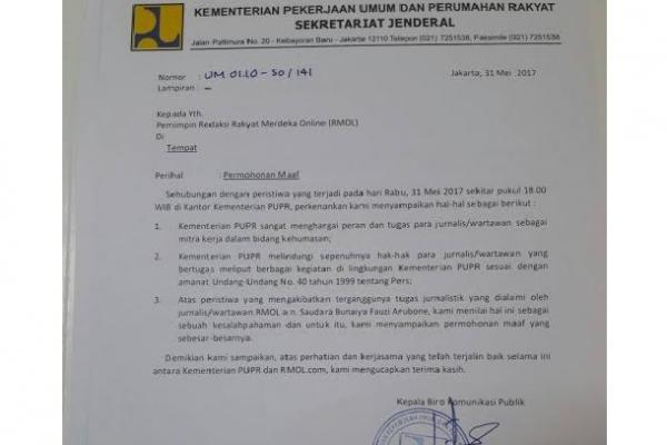 Kementerian Pekerjaan Umum dan Perumahan Rakyat (PUPR) menyampaikan permohonan maaf kepada redaksi Rakyat Merdeka Online (RMOL).