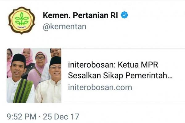 Akun Twitter Kementerian Pertanian dihujani cibiran warganet usai disalahgunakan.