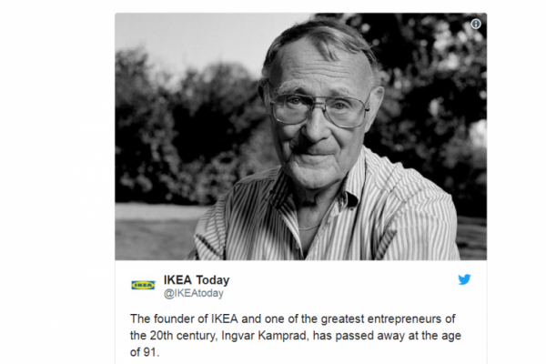 Kamprad mendirikan Ikea saat ia baru berusia 17 tahun menggunakan dana yang diberikan kepadanya oleh ayahnya sebagai hadiah.