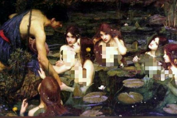 Lukisan tersebut berisi seorang laki-laki menghampiri kerumunan perempuan cantik