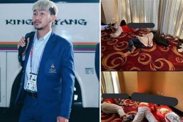  Foto-foto para pesepakbola Kamboja yang tidur di karpet beredar di media sosial.