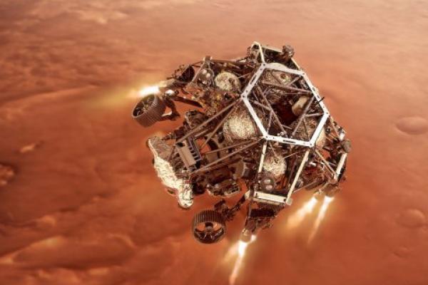 Wahana Penjelajah Mars NASA, Perseverance, melakukan perjalanan melalui ruang angkasa ke lokasi yang tepat untuk mendarat dengan sukses di kawah yang dimaksudkan di Planet Merah (Mars)
