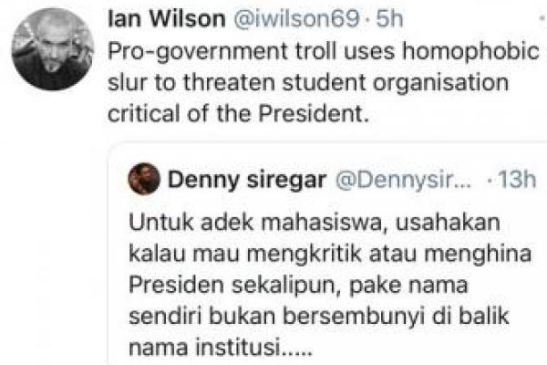 Dosen senior dalam studi politik dan keamanan, Universitas Murdoch, Ian Wilson memberikan respons terhadap cuitan pegiat media sosial Denny Siregar yang menyindir Presiden BEM Universitas Indonesia.