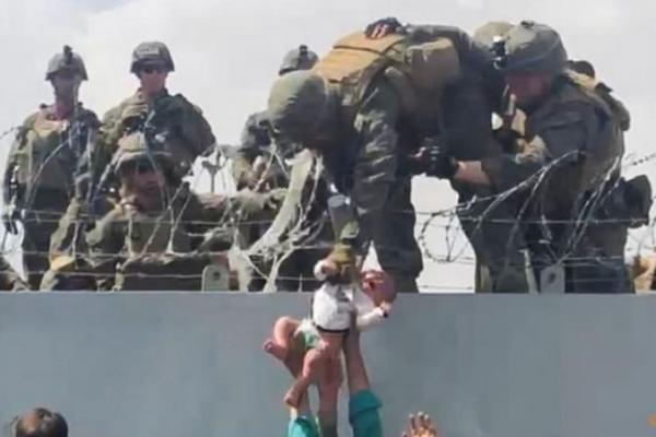 Pada video yang memicu perhatian dunia tersebut terlihat bayi telepas popoknya ditarik dengan satu tangan oleh Marinir AS. Tampak di bawahnya banyak orang berkerumun.