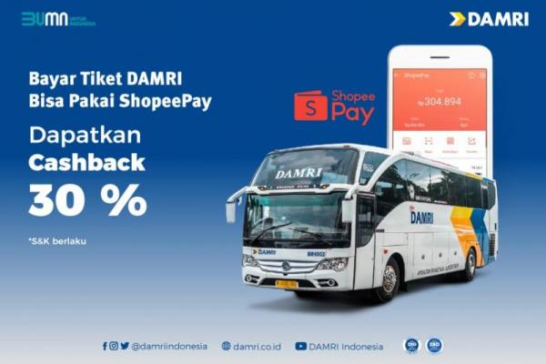 Untuk mendapatkan promo cashback 30%, pelanggan DAMRI dapat membeli tiket melalui DAMRI Apps dan melakukan pembayaran menggunakan ShopeePay yang berlaku hingga 30 September 2021.