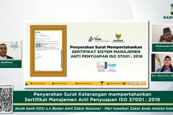 Badan Amil Zakat Nasional (Baznas) kembali menerima Sertifikasi Sistem Manajemen Anti Penyuapan ISO 37001: 2016 pada lingkup Direktorat Operasi Baznas.