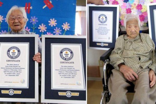 Nenek kembar asal Jepang memperoleh penghargaan dari Guinness World Records, sebagai dua saudara kembar identik tertua di dunia yang masih hidup, lebih dari 107 tahun dan 300 hari.