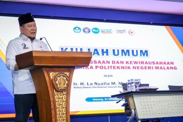 Hal itu ditegaskan LaNyalla saat mengisi Kuliah Umum dengan tema Wawasan Kebangsaan dan Kewirausahaan, di Politeknik Negeri Malang (Polinema),