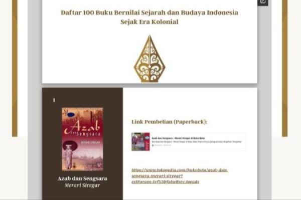 Perkumpulan Penulis Indonesia Satupena meluncurkan link atau tautan untuk membeli 100 buku yang mewarnai sejarah dan budaya Indonesia sejak era kolonial hingga era saat ini. Peluncuran ini sekaligus merupakan momentum menyambut peringatan Hari Pahlawan 10 November 2022.