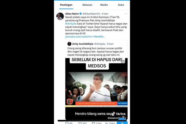 `Orang asing dilarang ikut campur urusan politik dalam negeri di negara lain. Aparat harus tegas dan cepat menangkap orang asing yang sok tahu ini,` tulis Jimly