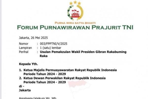 Purnawirawan TNI Resmi Surati MPR dan DPR Terkait Pemakzulan Wapres Gibran